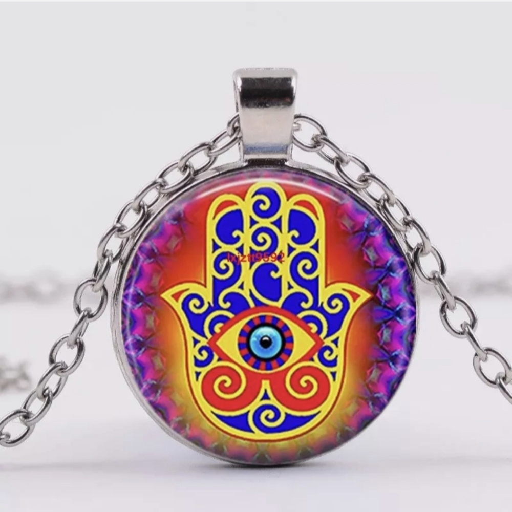 New Hamsa Hand Silver Glass Cabochon Necklace.